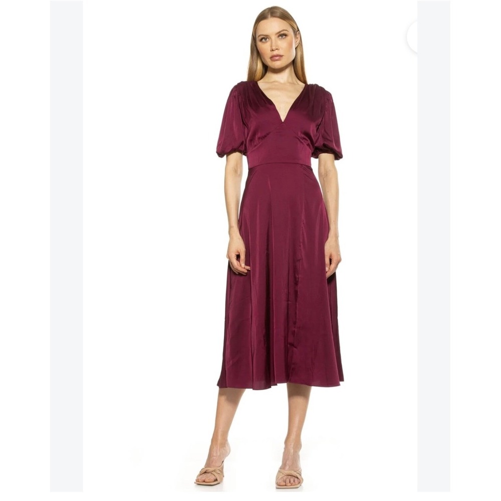 Alexa Admor Plum Burgundy Satin V-Neck Puff Sleeve Midi Dress Size 6